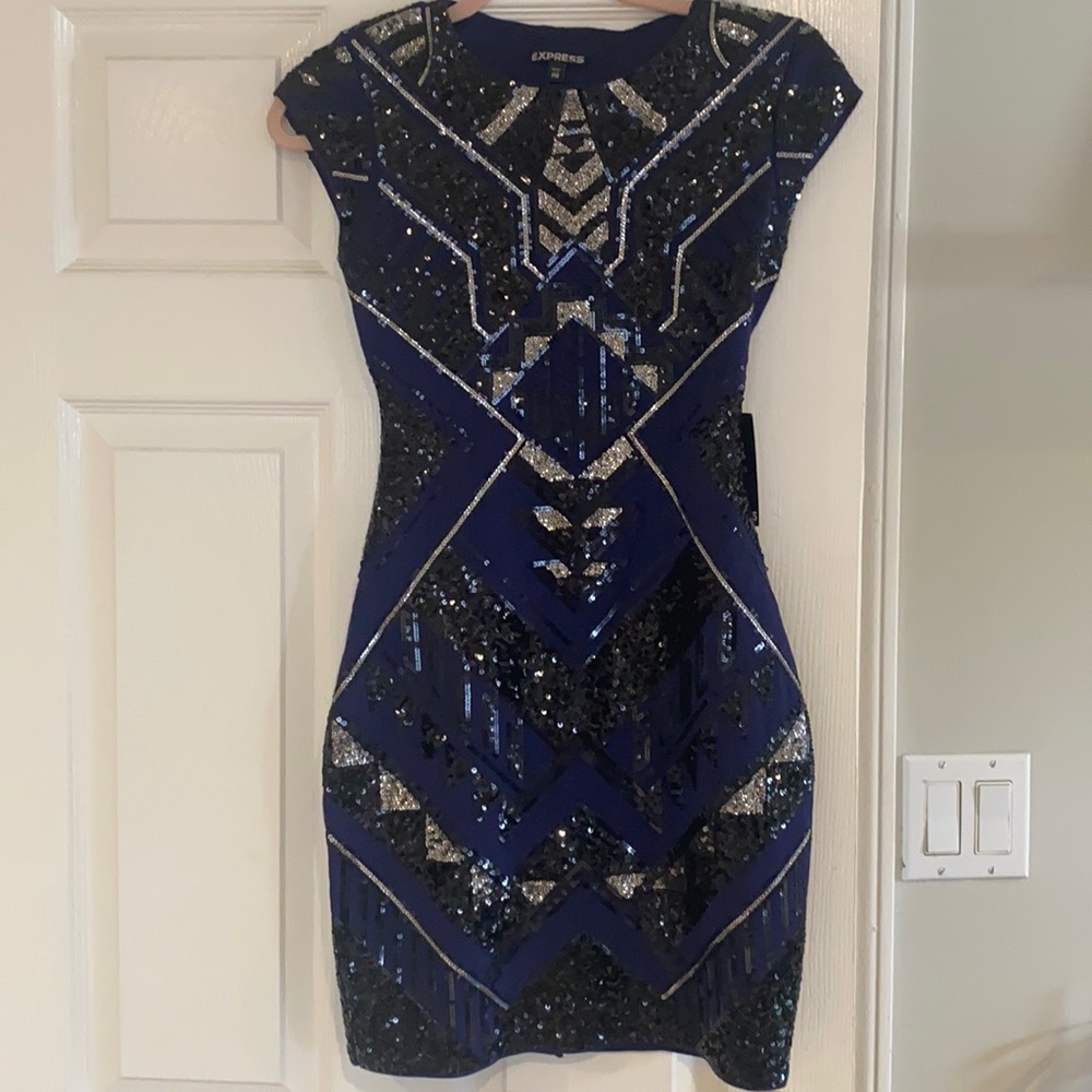 Navy blue dress with silver & black sequin design.